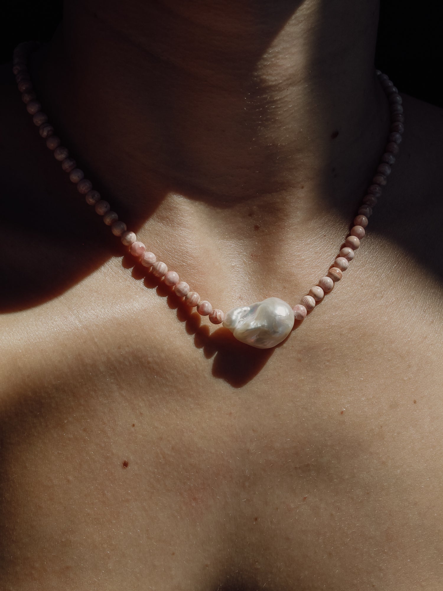 Stone Necklace - Rhodocrosite with Baroque Pearl