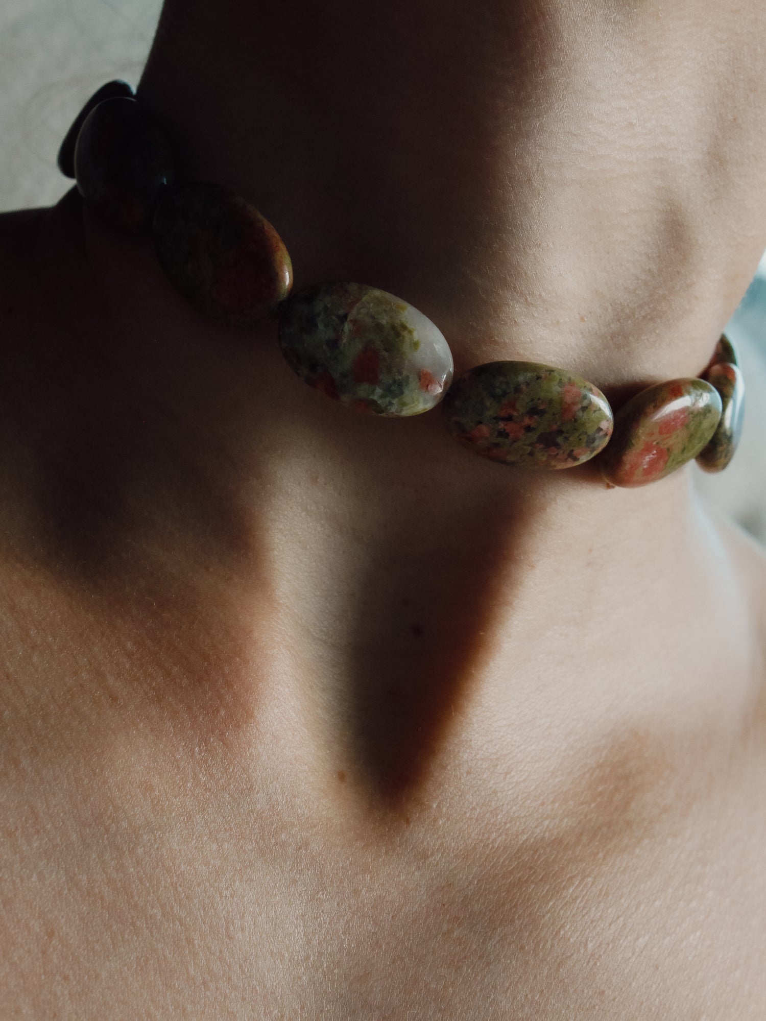Stone Necklace - Unakite Ovals Choker